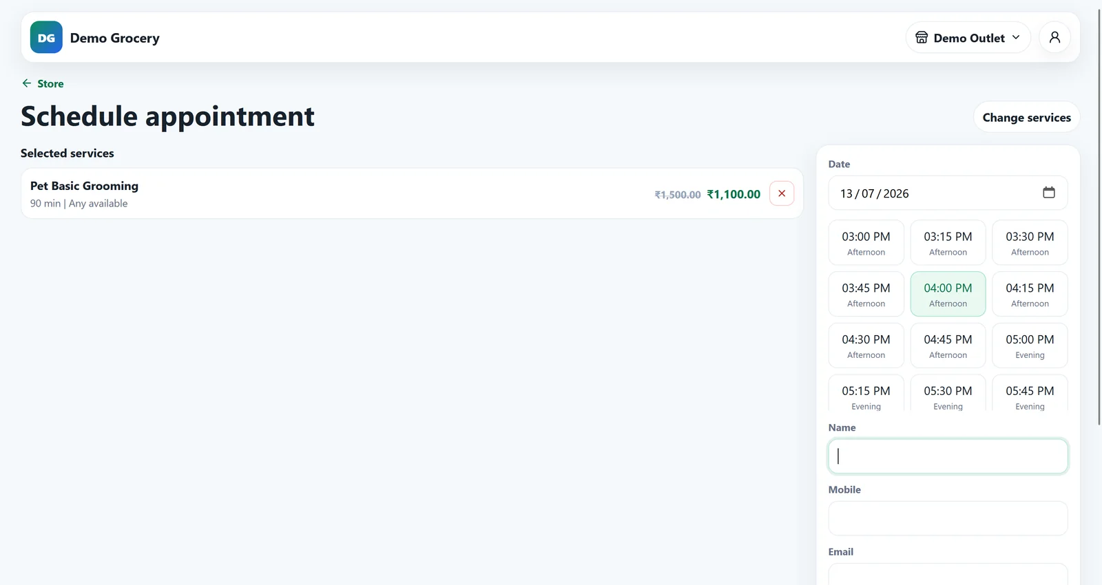 BillingVerse online appointment scheduling screen with date and available time slots
