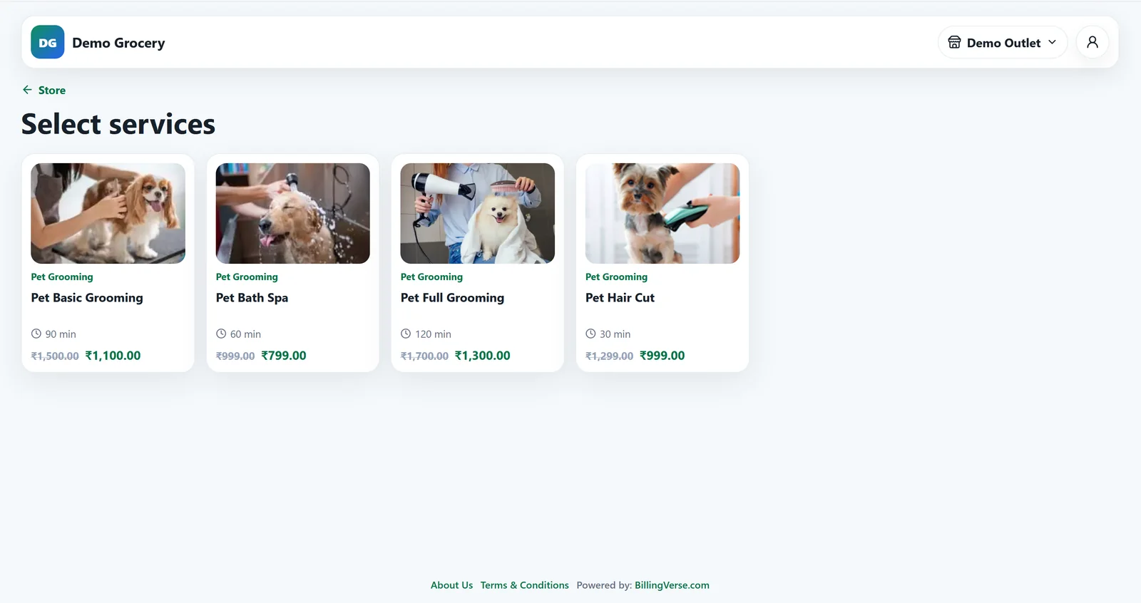 BillingVerse online appointment booking service catalog for pet grooming