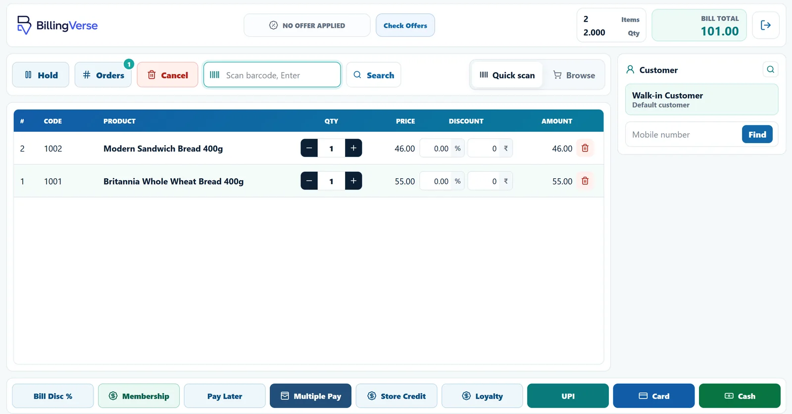 BillingVerse point of sale screen with products, customer and payment options
