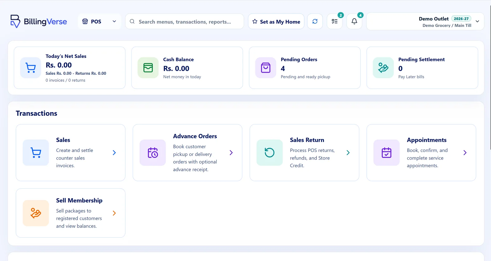 BillingVerse POS dashboard with sales, returns, appointments and memberships