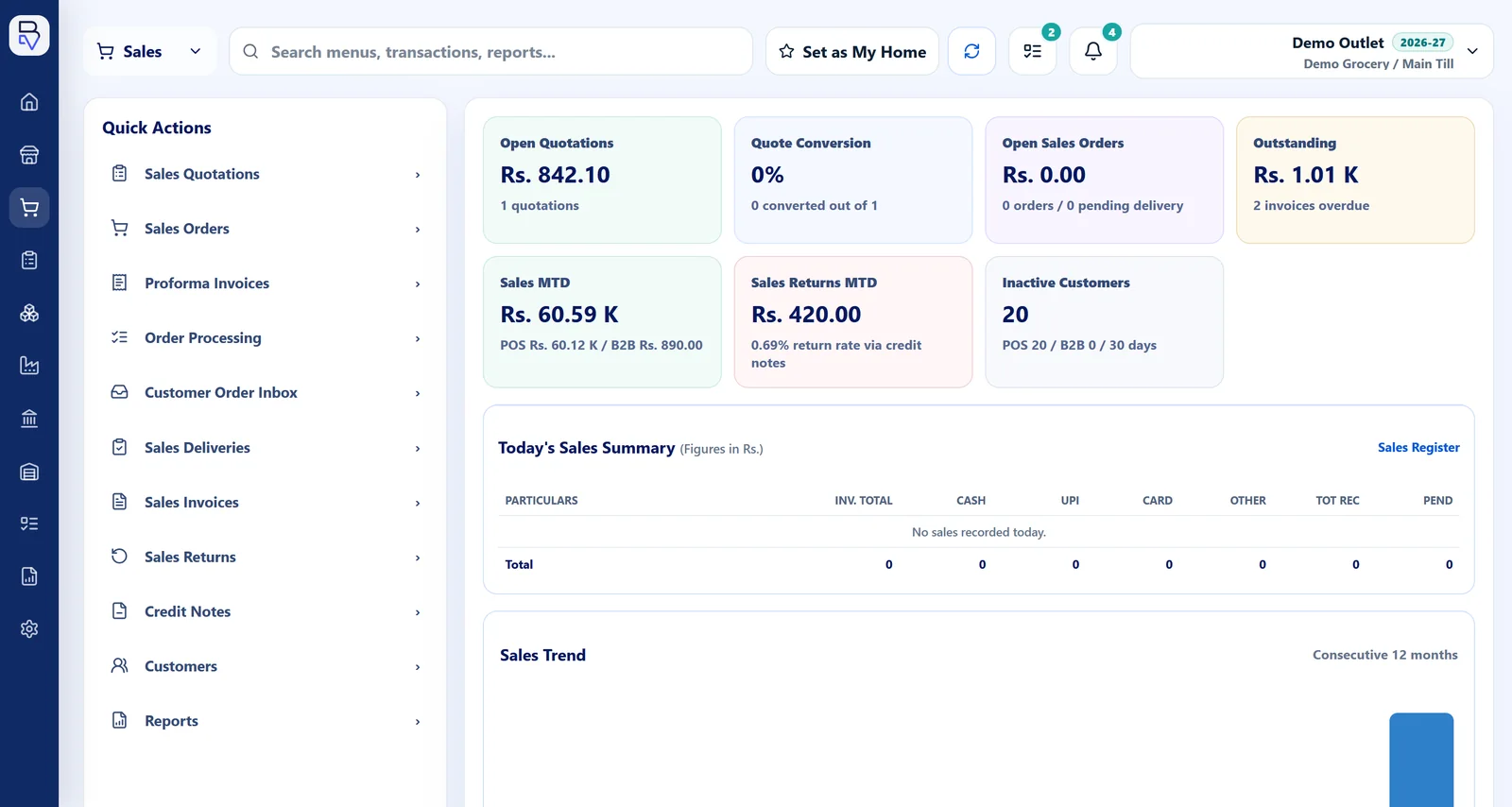 BillingVerse sales dashboard with quotations, orders, invoices, returns and sales metrics