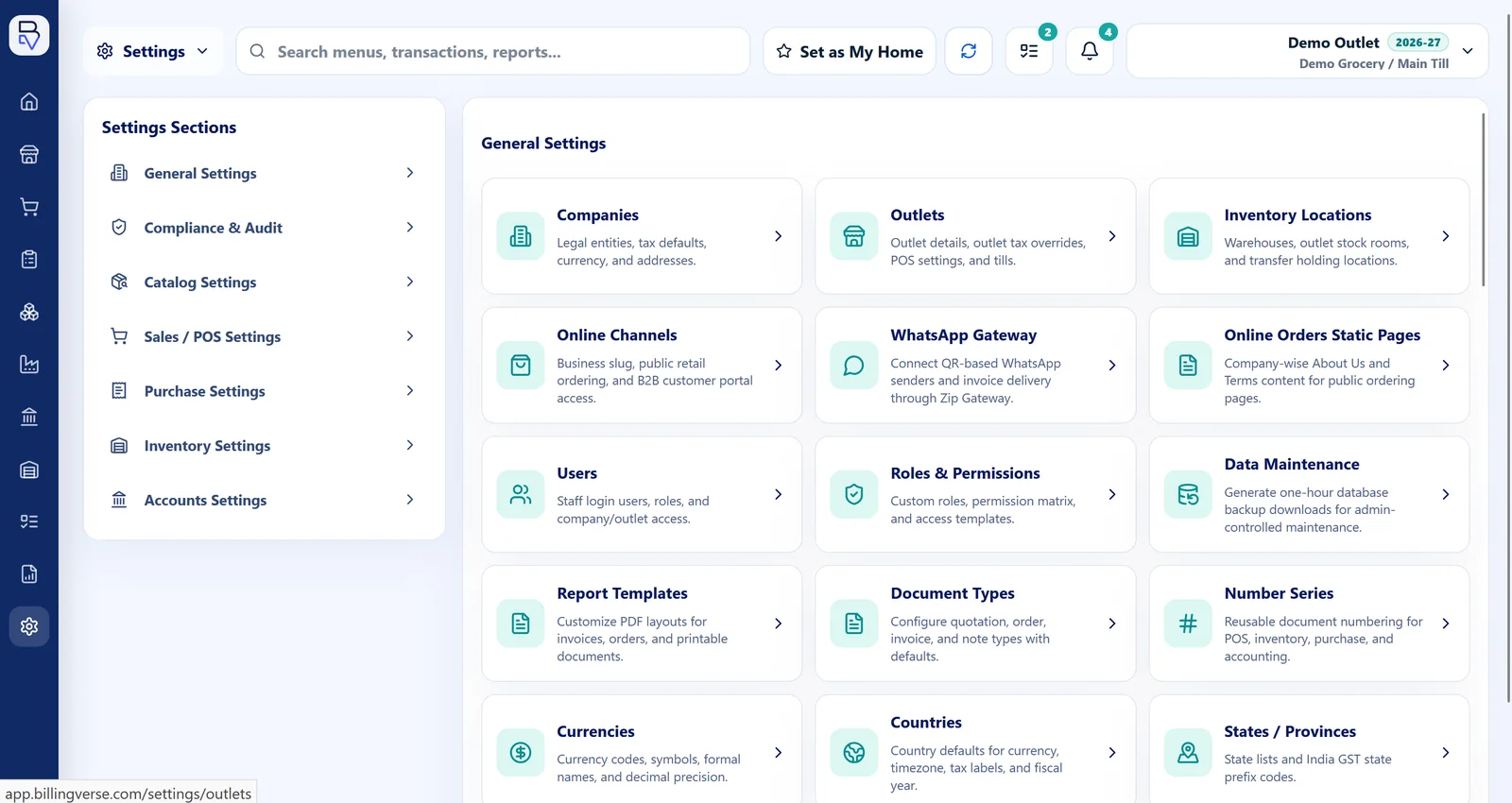 BillingVerse business settings workspace